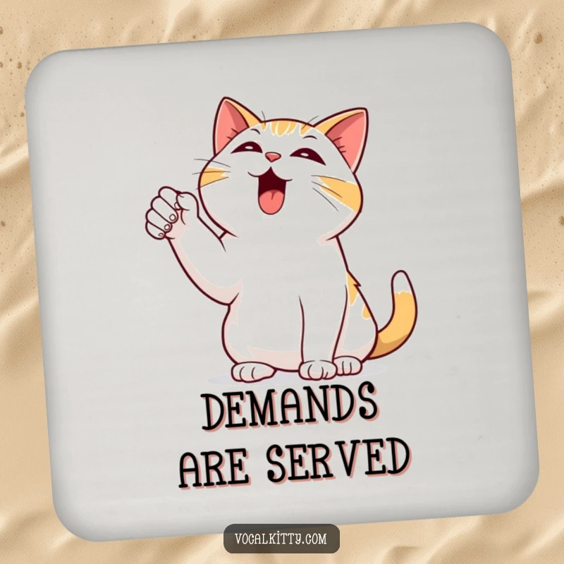 Funny drink coaster with a black cat dramatically pointing a paw skyward, bellowing with amusing, loud sound effects.
