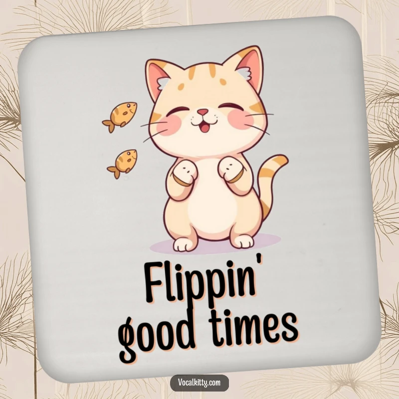 Funny cat drink coasters featuring a character impressively juggling three tiny fish with its paws, offering humorous surface protection.