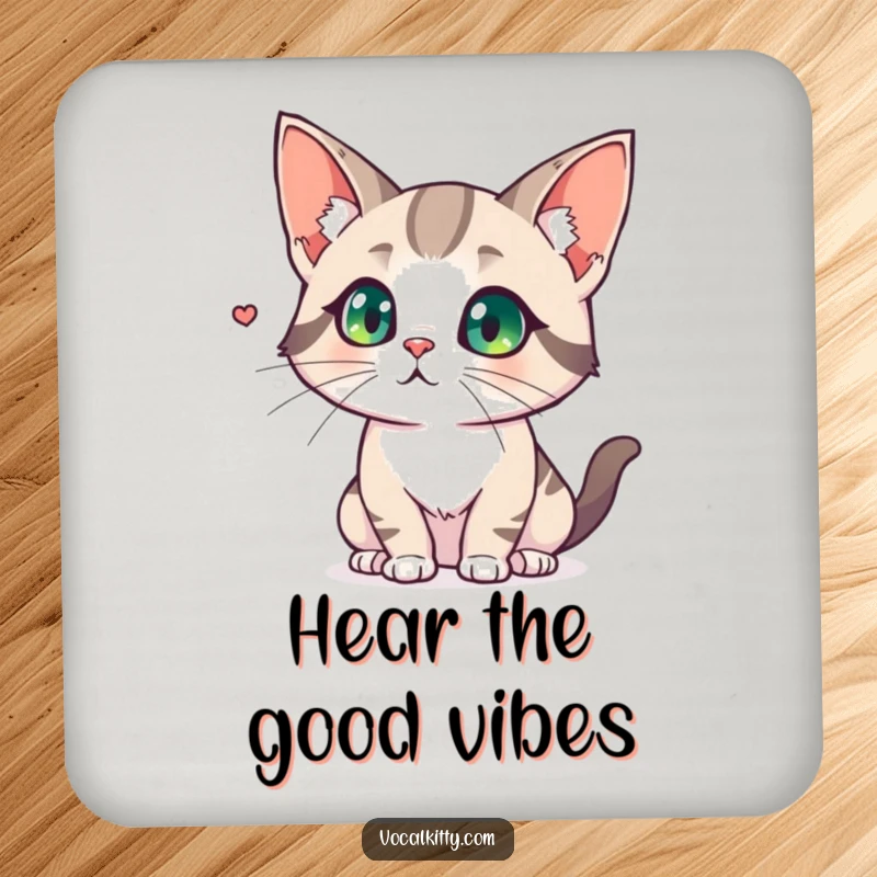 Funny drink coaster with a cat sporting comically large, flared ears, demonstrating intense focus on a subtle, distant sound.