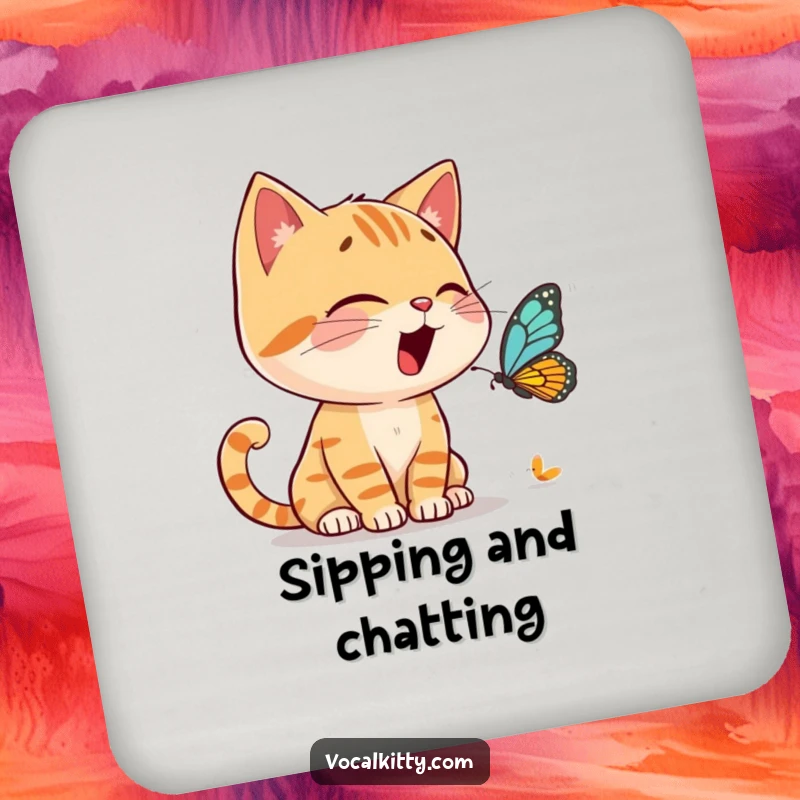 Funny Drink Coaster showing a cat character having an animated conversation with a tiny butterfly, bringing whimsical flair.