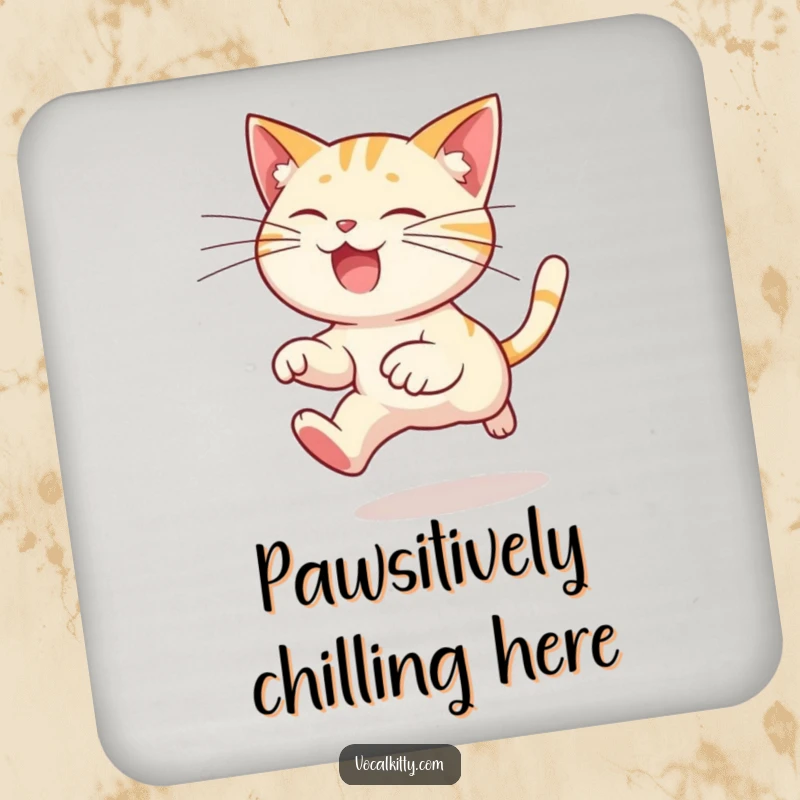 Funny cat drink coasters showing a cartoon cat leaping, its exaggeratedly long whiskers trailing, protecting surfaces with a humorous design.