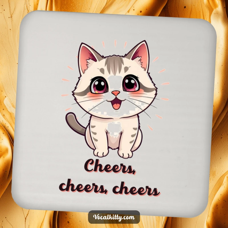 Funny cat drink coaster featuring an excited cat with radiating echo effects, symbolizing amplified joy and positivity.