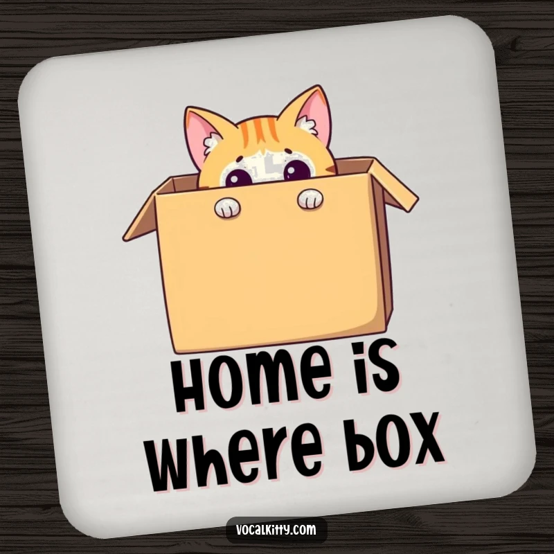 Funny cat drink coasters featuring a curious character peeking out from a large cardboard box, offering humorous surface protection.