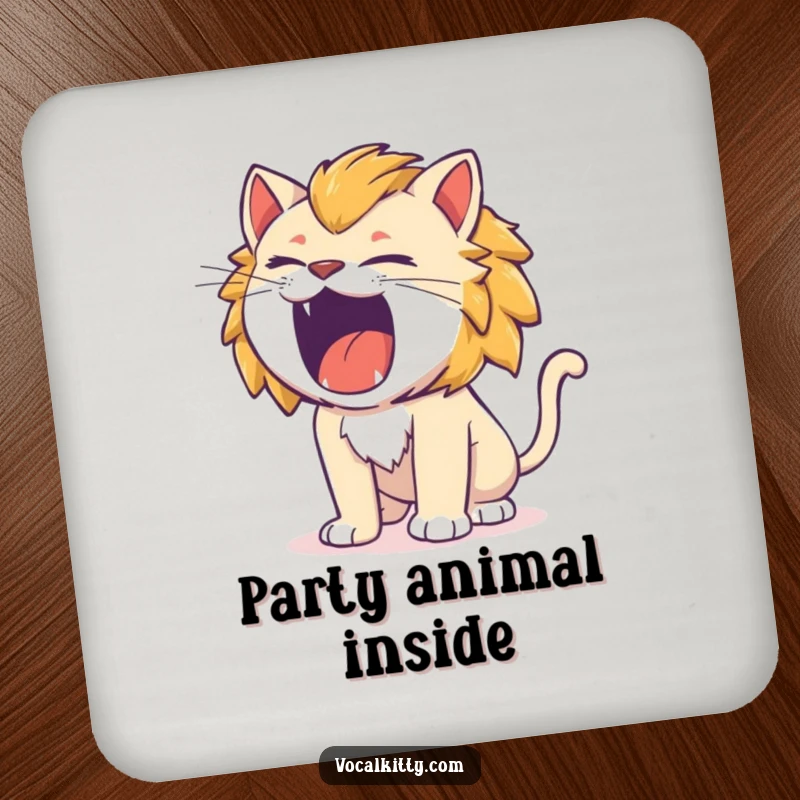 Funny cat roaring like a tiny lion, comical intensity, drink coaster.