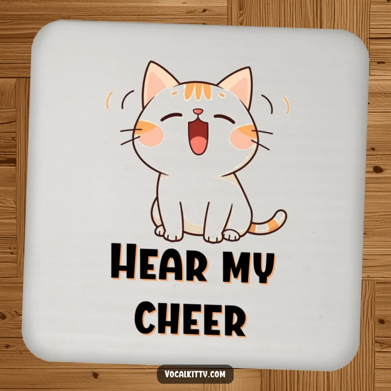 Funny drink coaster with a simplified cat character whose mouth is wide open, emitting sound waves, perfect for cat lovers.