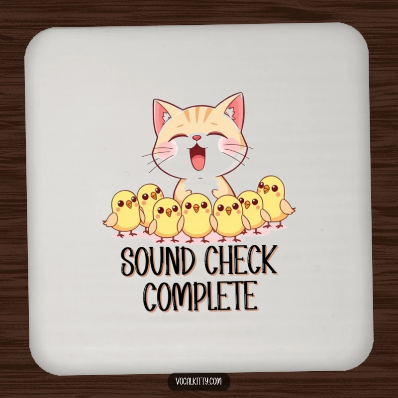 Funny cat character meowing loudly, startling birds, on a drink coaster, protecting furniture.