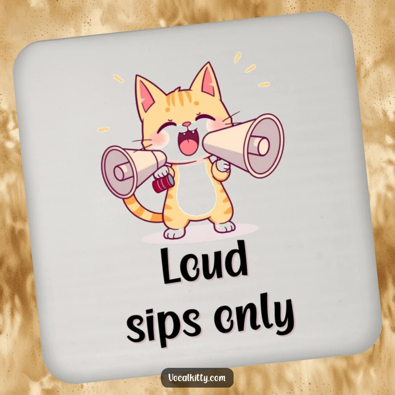 Funny cat drink coaster with a determined character practicing yelling into a giant megaphone, adding a humorous flair to beverage service.