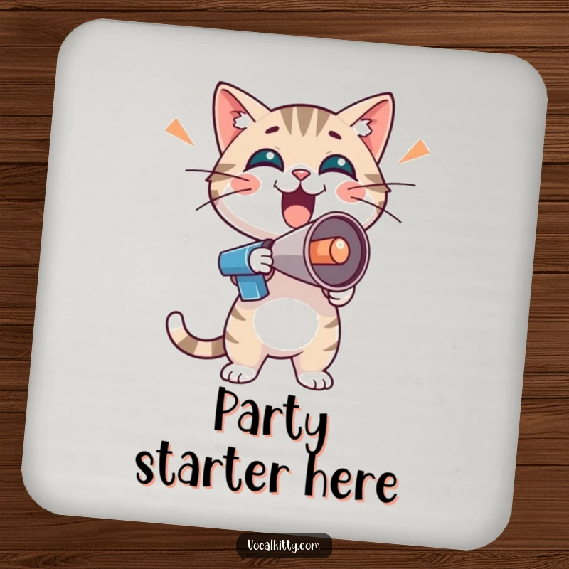 Funny cat character with a tiny megaphone, full of boisterous enthusiasm, on a drink coaster.
