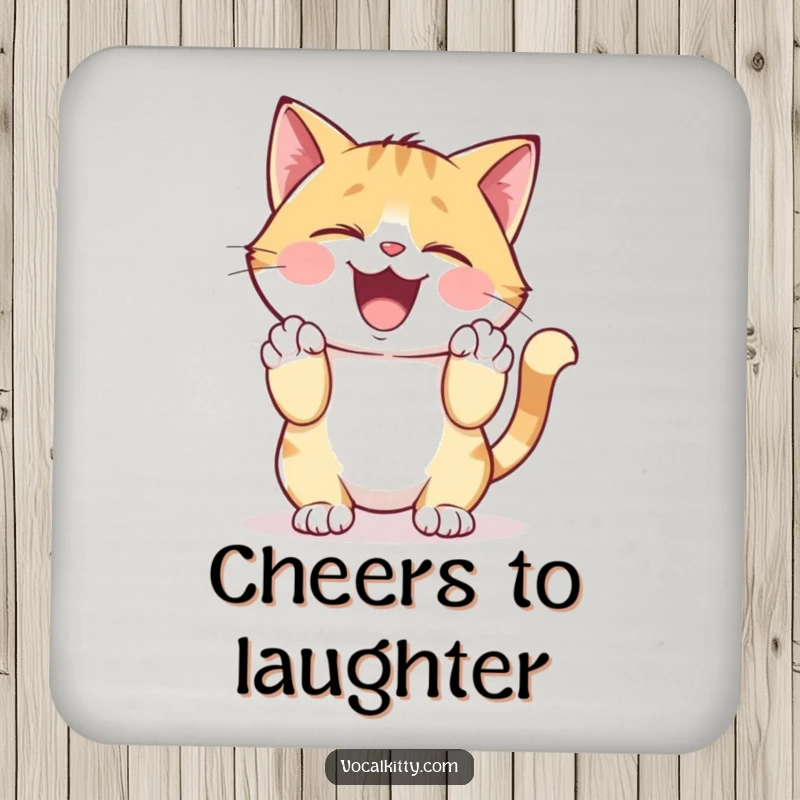 Funny Drink Coaster showing a cat character giggling heartily, clutching its sides, bringing humorous flair to any table.