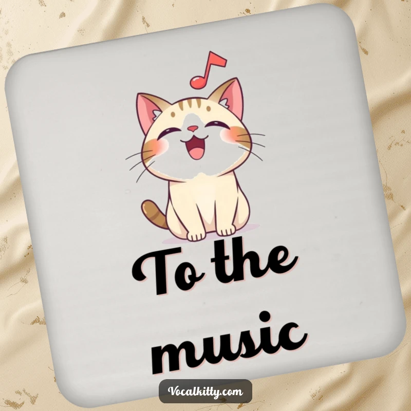 Funny overjoyed cat coaster, a musical note floating, bringing cheerful and harmonious humor to your table.