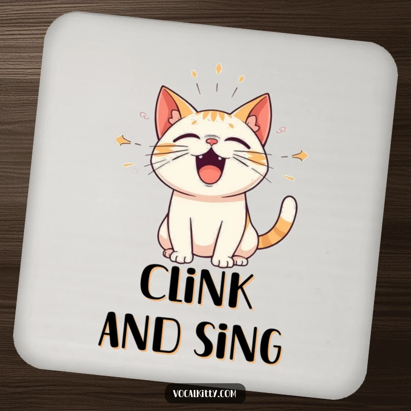 Funny drink coaster with a cat emitting amplified sound waves, providing humorous surface protection. A quirky and loud addition to any table.