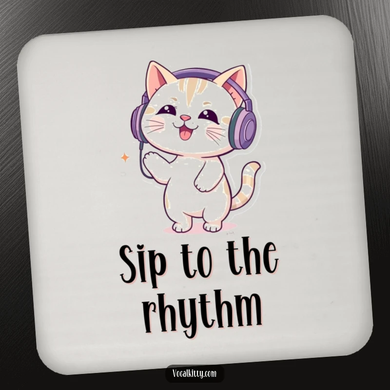 Funny drink coaster featuring a cat wearing oversized headphones, bouncing to loud music, adding a fun vibe.