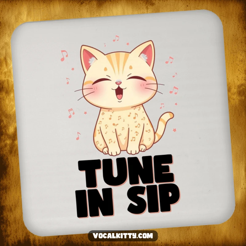 Funny musical cat coaster, covered in music notes, eyes closed in peaceful vocal exertion.