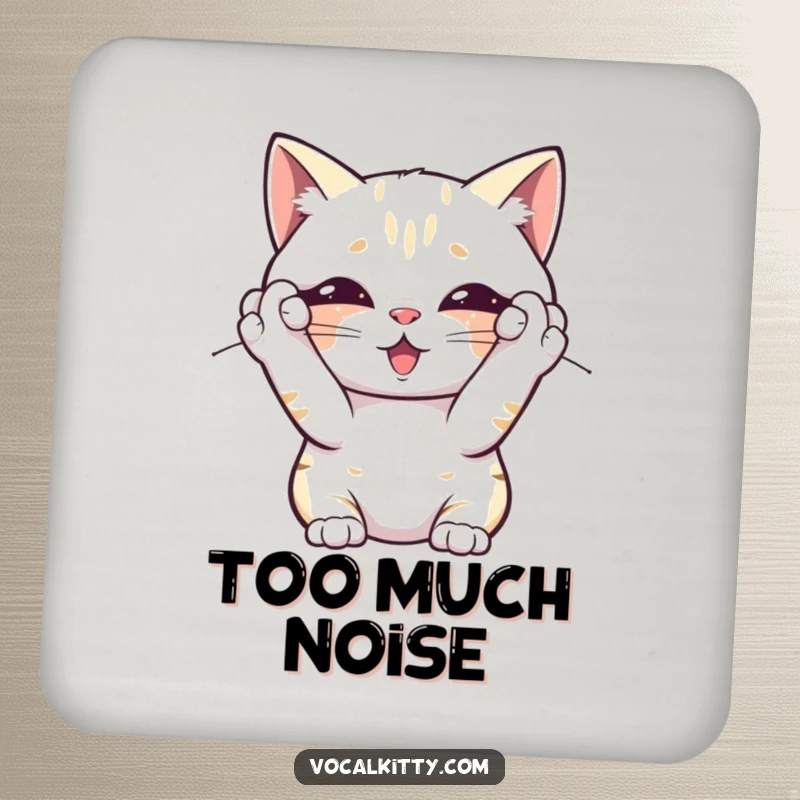 Funny drink coaster with a cat covering its ears, overwhelmed by its own noise, protecting surfaces with a humorous and relatable feline flair.