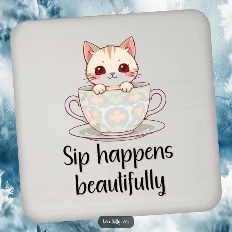 Funny Coaster depicting a cat peeking from a teacup, adding charm and protection to surfaces.