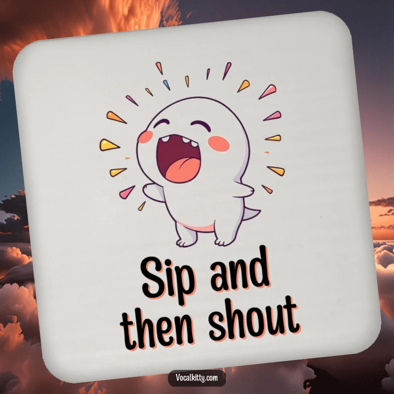 Funny drink coaster featuring a character's open mouth spewing a vibrant rainbow of noise, protecting surfaces with humor.
