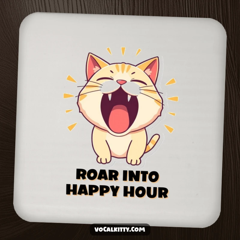 Funny Drink Coasters featuring a cat character roaring thunderously with its mouth wide open in a comical display.
