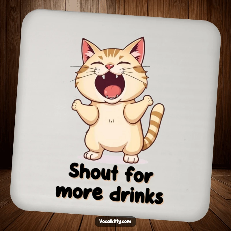 Funny coasters depicting a cat shaking its body while letting out an exaggerated, loud shout, for surface protection.