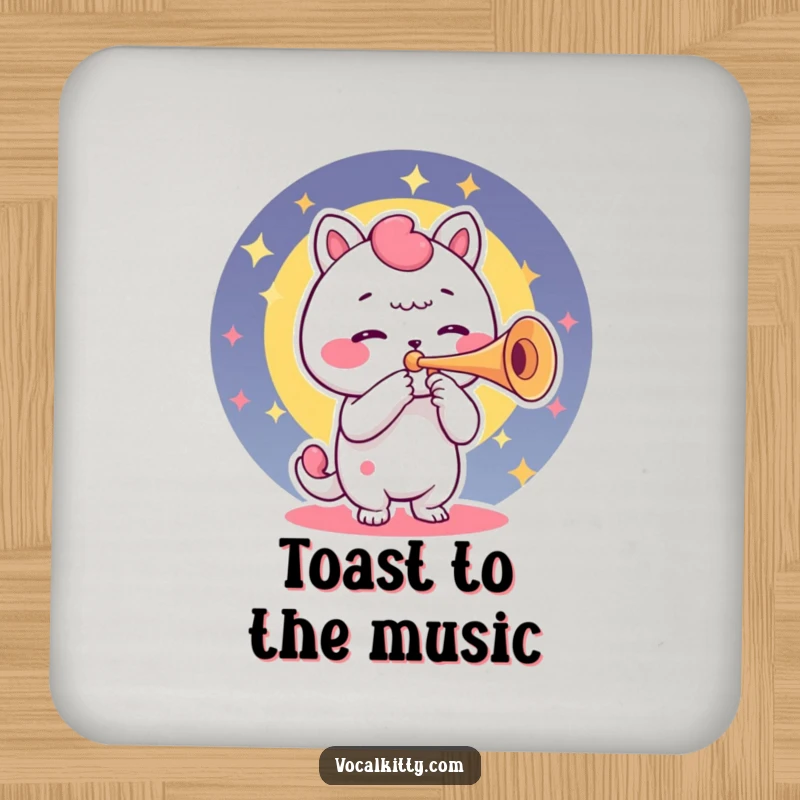 Funny drink coaster showing a character using its voice box as a trumpet, protecting surfaces with cheerful sound.