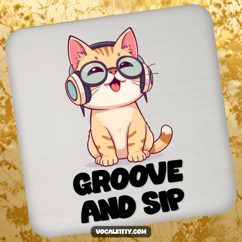 Funny drink coaster with a cat wearing large headphones, enthusiastically bobbing its head to music, perfect for music fans.