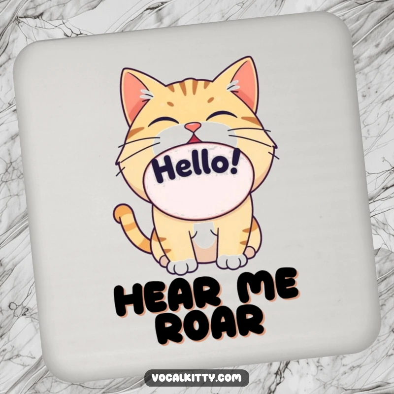 Funny cat's giant oval mouth saying 'Hello!', durable drink coaster, home accessory.