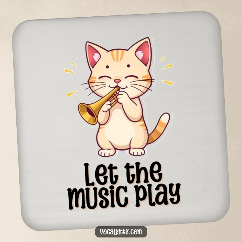 Funny Cat Coaster: A set of coasters depicting a cat character playing a small trumpet, with prominent sound waves illustrating its musical performance.