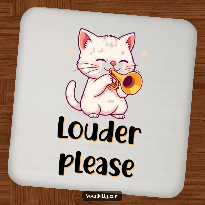 Funny cat playing a trumpet on a drink coaster, protecting furniture, stylish home accessory.