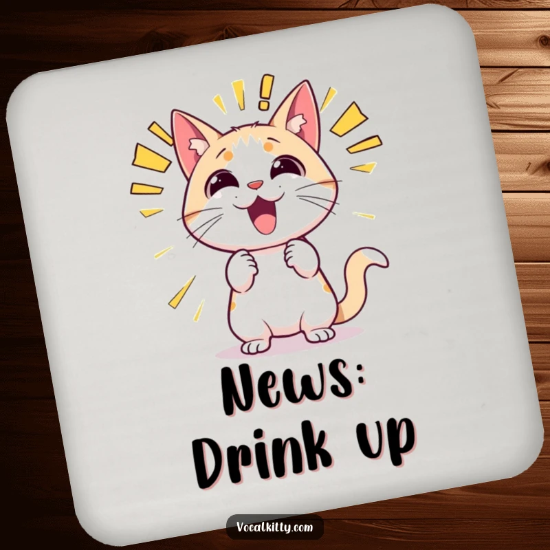 Funny cat drink coaster with a minimalist illustration of a cat shouting with small, impactful sound effect text like 'WOW!' and 'DING!'.