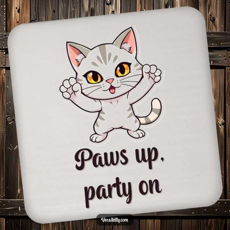 Funny drink coaster with a dramatic cat in a loud, attention-grabbing pose, protecting surfaces with humorous flair. A quirky addition to any table.