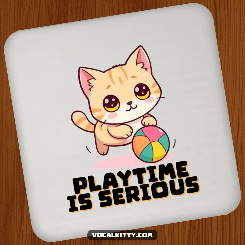 Funny cat drink coasters featuring a round cat with wide eyes, humorously chasing a bright ball, protecting surfaces with humor.