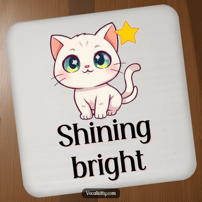 Funny Coaster depicting a cat with sparkling eyes reaching for a shimmering star, perfect for magical drinks.
