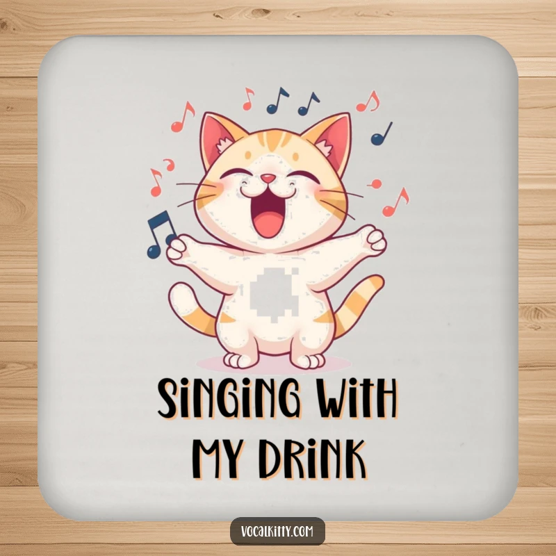 Funny Drink Coasters featuring a cat character singing a joyful song with musical notes swirling around.