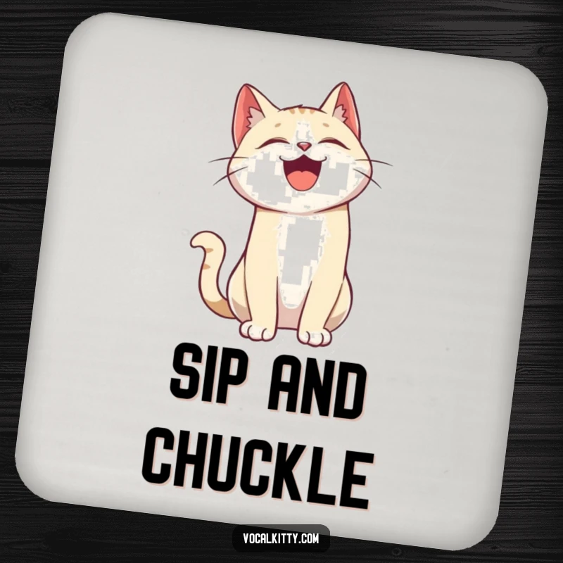 Funny drink coaster with a cartoon cat character laughing intensely, head tilted back in a display of pure, boisterous amusement.