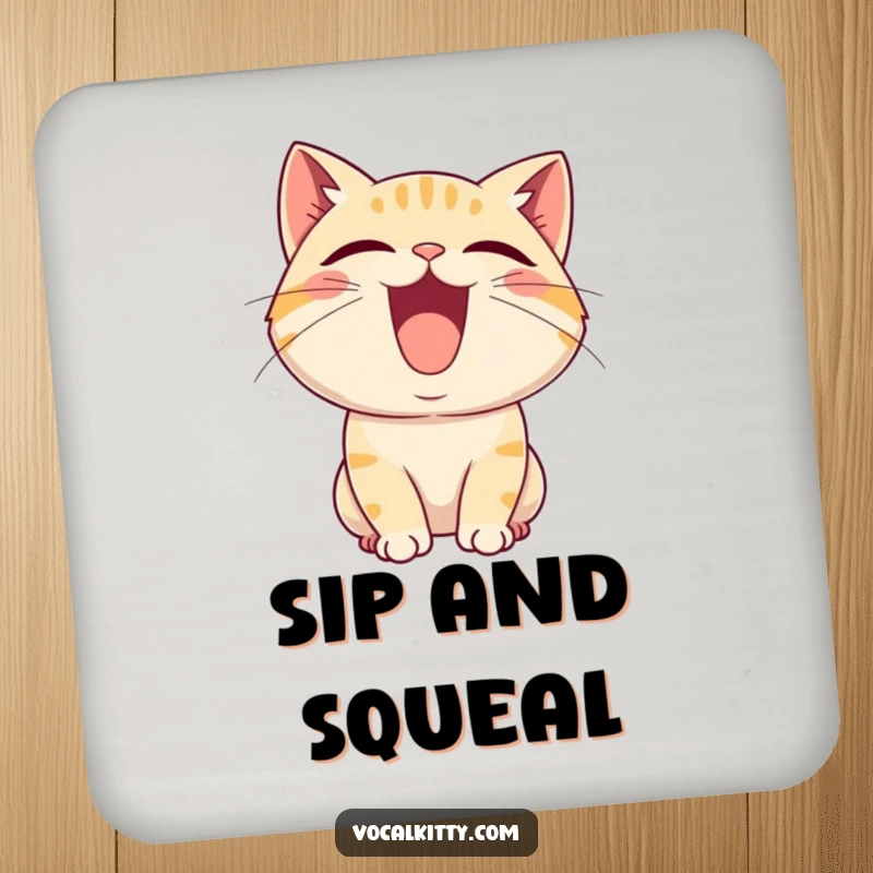 Funny drink coaster featuring a cartoon cat with its mouth wide open, captured in the act of emitting a loud, joyful squeal.