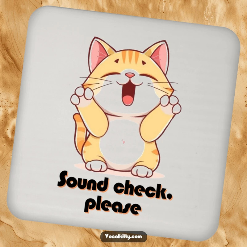 Funny yodeling cat drink coasters, showing a cat yodeling with paws over ears, adding a humorous touch to any surface.