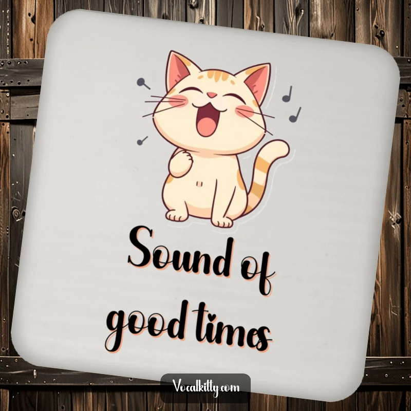 Funny drink coaster featuring a stylized singing cat with exaggerated sound waves, adding musical humor to surfaces.