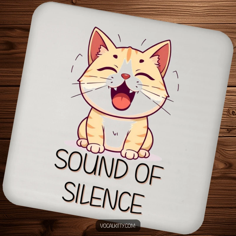 Funny cat coasters showing a cat with its mouth open and sound waves emanating, representing a loud meow.