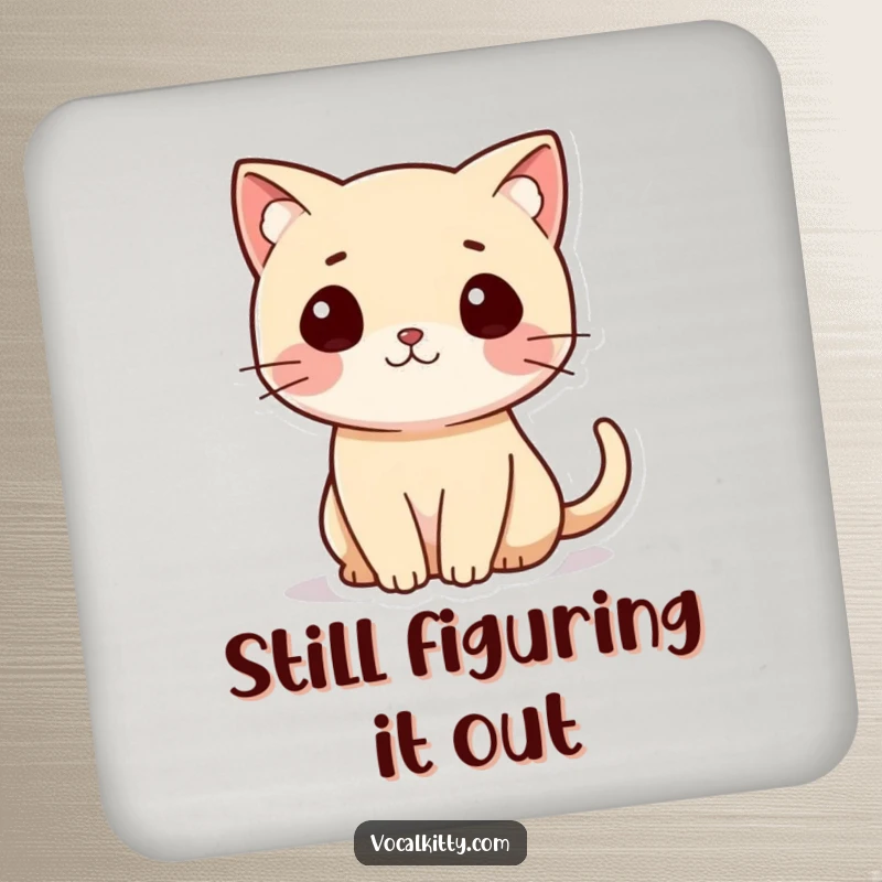 Funny Cat Coaster showing a small cat with its tail curled like a question mark, adding humor to drinks.