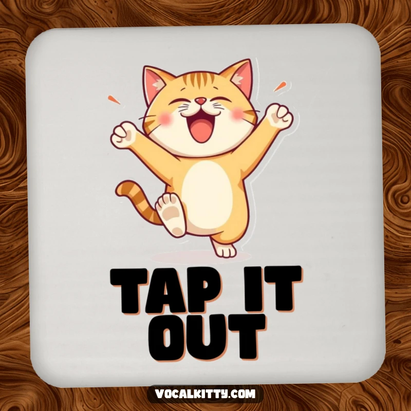 Funny Drink Coaster showing a cat character stomping its feet with loud, happy energy, adding flair to any table.