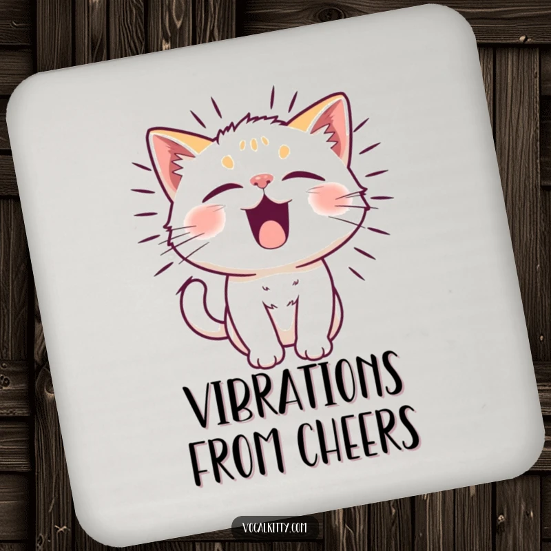 Funny cat character with vibrating fur from a funny noise, on a drink coaster, protecting furniture.
