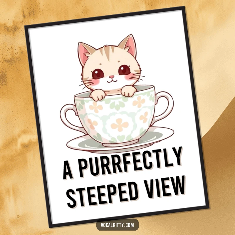 Funny Poster artwork of a cat peeking out from a large, patterned teacup, adding charm to decor.