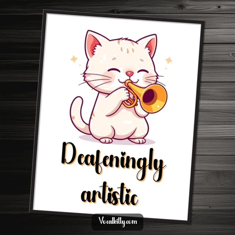 Funny cat playing a trumpet with intense focus, dynamic sound waves, humorous wall art.