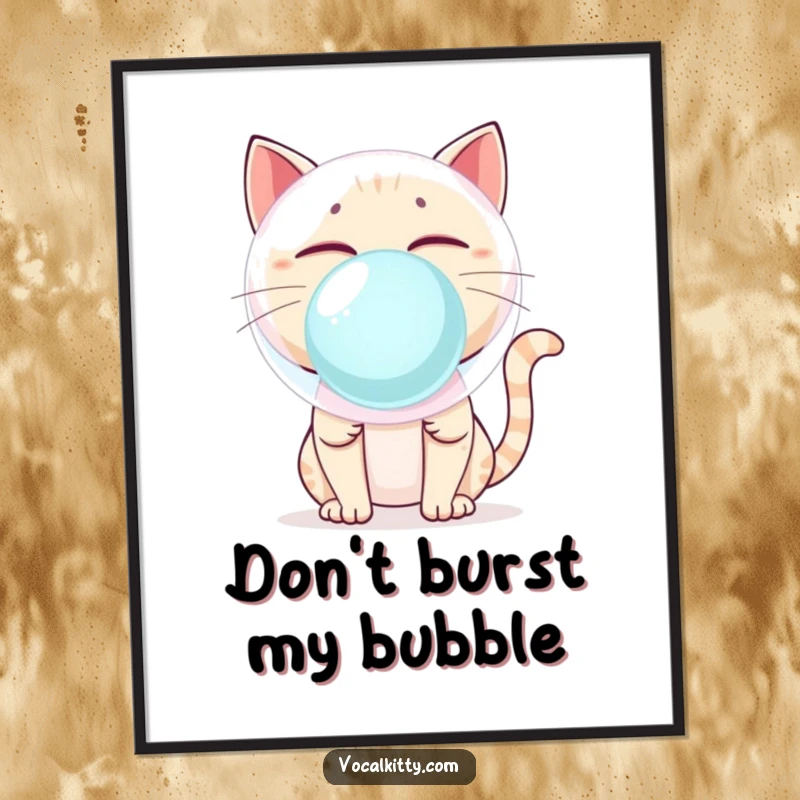 Funny Cat Blowing Giant Bubblegum Bubble About to Pop Poster - Whimsical Wall Art