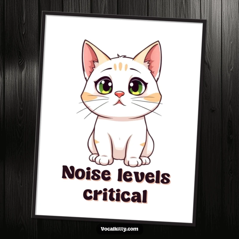 Funny poster of a cat with comically large ear canals looking startled and surprised, capturing a humorous moment for sensitive viewers.