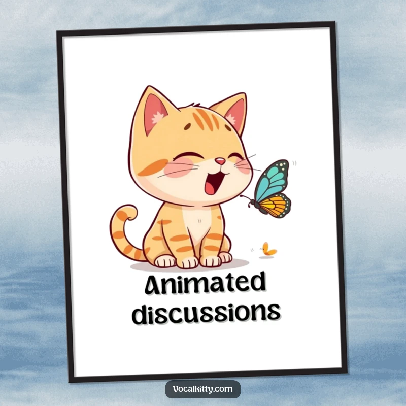 Funny Poster depicting a cat character animatedly conversing with a tiny butterfly, full of expressive gestures and engagement.