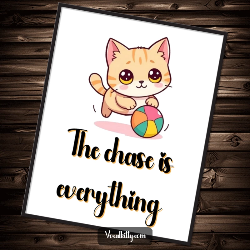 Funny cat poster portraying a round cat with wide eyes, comically chasing a colorful ball, adding playful and humorous wall art.