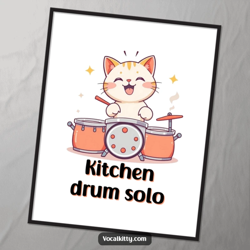 Funny cat drumming with great enthusiasm on pots and pans, musical art.