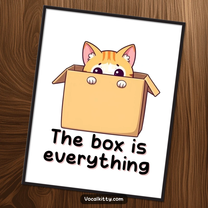 Funny cat poster depicting a curious feline character peeking out from an oversized cardboard box, creating humorous and charming wall art.