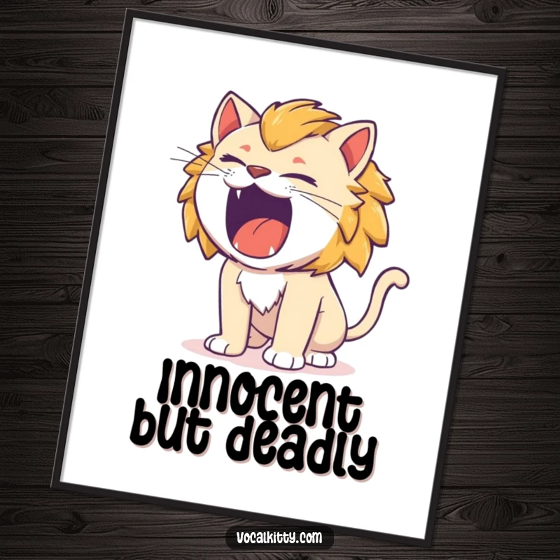Funny cat roaring with comical intensity, resembling a tiny lion, humorous wall art.
