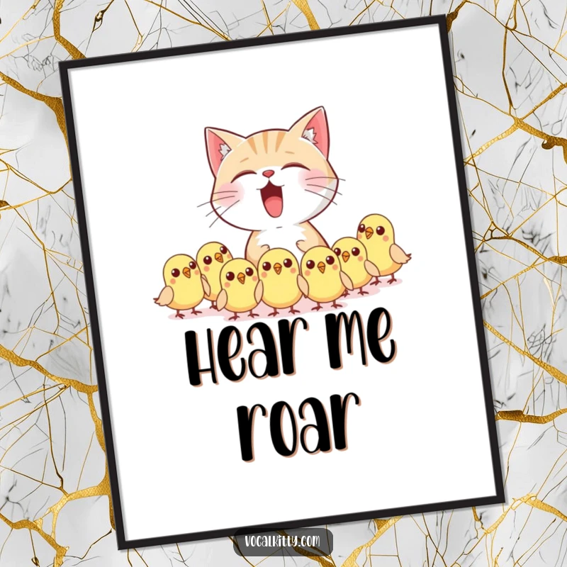 Funny cat character meowing loudly, startling small birds into flight, displayed as a humorous poster.